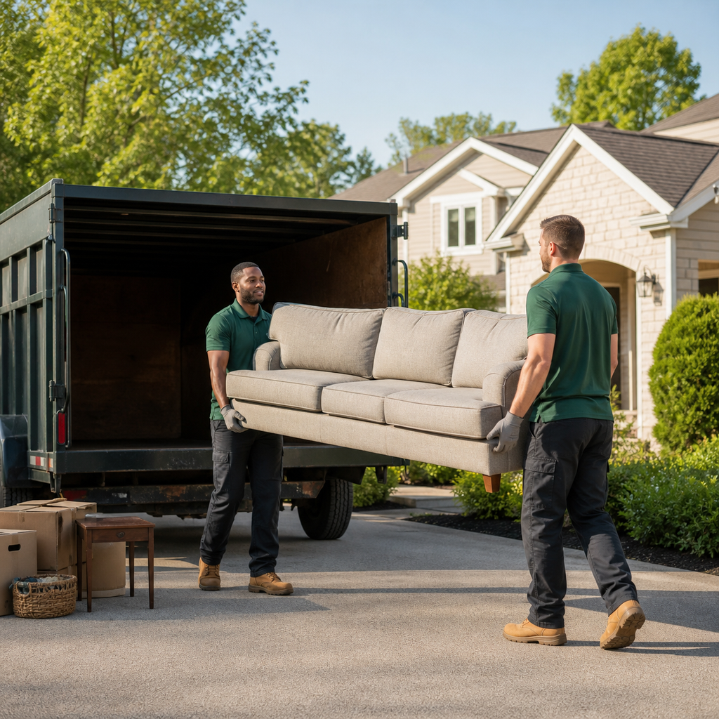 Junk removal crew loading a sofa into a truck